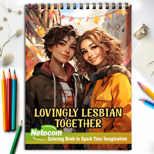 Lovingly Lesbian Together Spiral Bound Coloring Book, Embrace the Beauty of Togetherness with 30 Captivating Coloring Scenes of Loving Lesbian Couples.