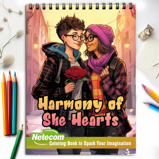 Harmony of She Hearts Spiral Bound Coloring Book, Experience the Charms of 30 Captivating Coloring Pages, Where Lesbian Couples Share Their Heartwarming Stories on Every Page.