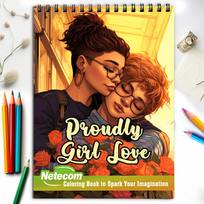 Proudly Girl Love Spiral Bound Coloring Book, Unleash Your Creativity with 30 Charming Pages Filled with Heartfelt Moments of Lesbian Romance and Empowerment.