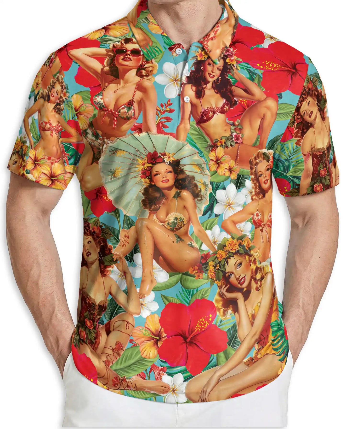 Tropical Pin Up Polo Shirt - Vintage Hawaiian Beauty Style | Netecom