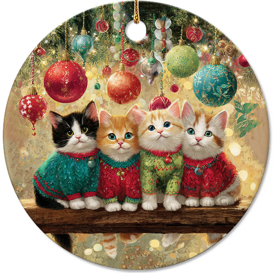 Netecom Cute Cozy Cat Christmas Ornament, Kitten Family Ceramic Ornament for Xmas Tree Hanging Decorations Gift, Cat Lover Gifts, Home Decor, Holiday Party Present