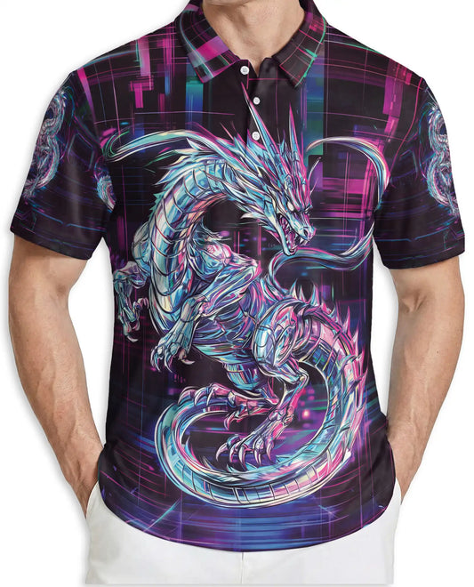 Cyber Dragon 3D Polo Shirt for Men – Neon Futuristic Fantasy Style | Netecom