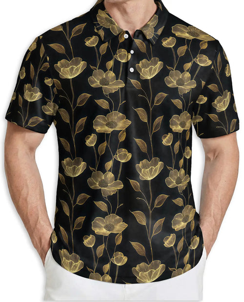 Elegant Gold Floral Polo Shirt for Men- Black Luxury  Pattern Shirt | Netecom