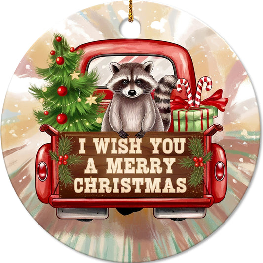 Netecom Adorable Raccoon in Vintage Pickup Truck Ornament, I Wish You Merry Christmas Ceramic Ornament for Christmas Tree Hanging Decorations Gift, Wildlife Lover Gifts, Xmas Decoration Present