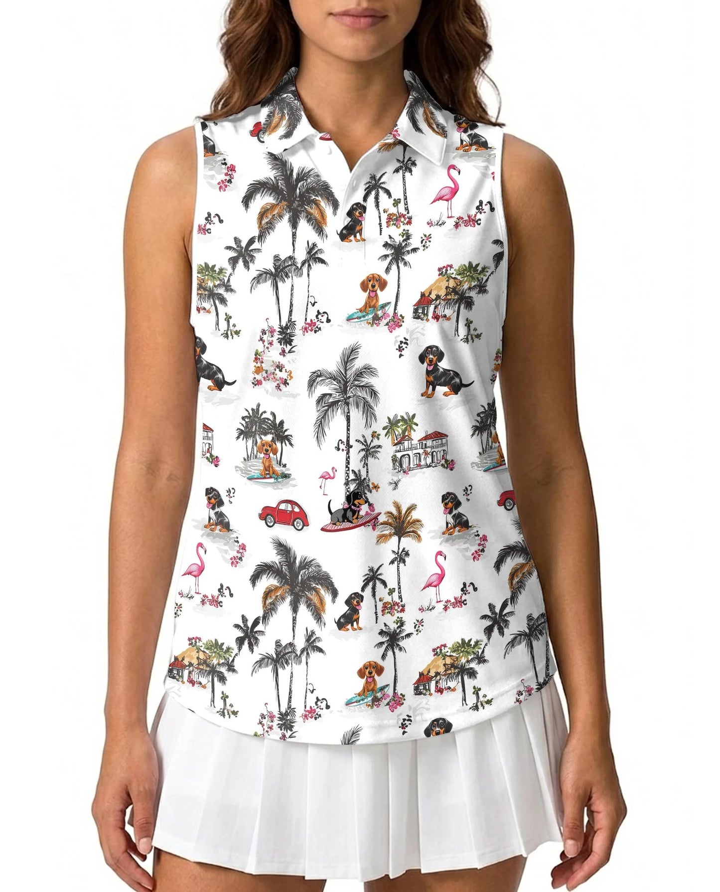 Dachshund Beach Retro Sleeveless Polo Shirt for Women | Netecom