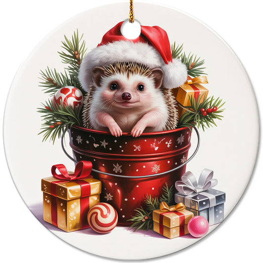 Netecom Baby Hedgehog in Bucket Ornament, Forest Animal with Santa Hat Ceramic Ornament for Christmas Tree Hanging Decorations Gift, Hedgehog Lover Gifts, Home Decor, Holiday Party Present