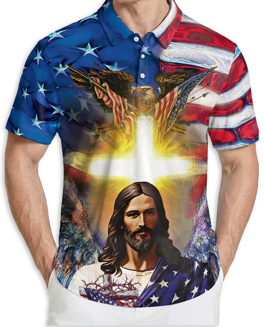 Jesus American Eagle 3D Polo Shirt for Men – Patriotic Christian Faith Style | Netecom