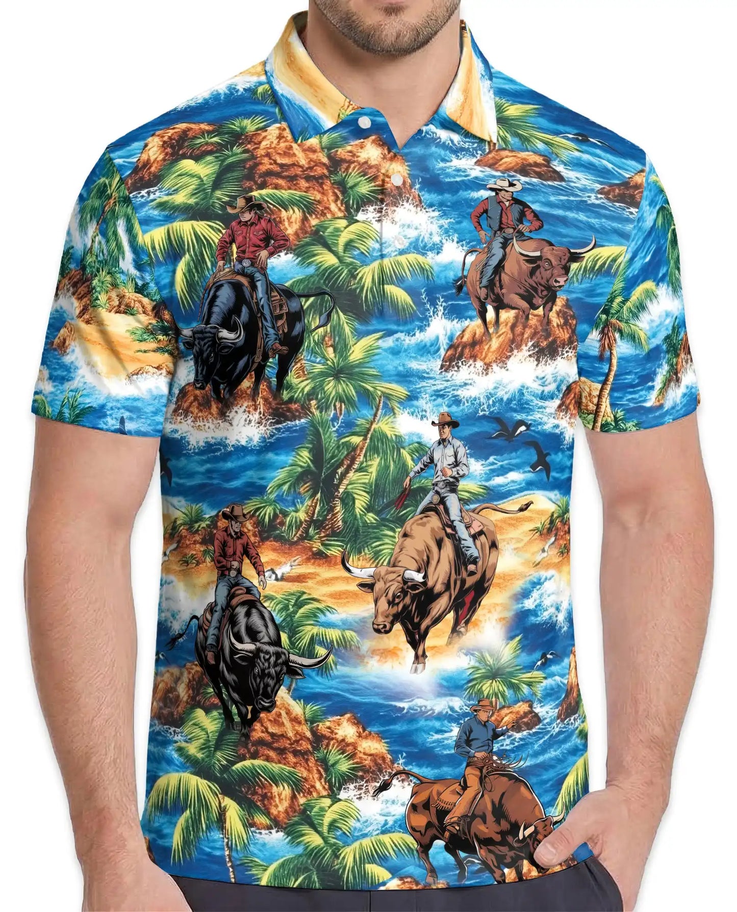 Tropical Rodeo Polo Shirt for Men - Cowboy Bull Riding | Netecom