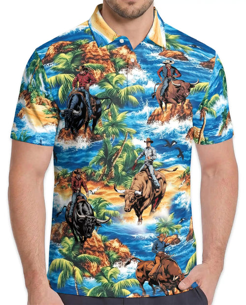 Tropical Rodeo Polo Shirt for Men - Cowboy Bull Riding | Netecom