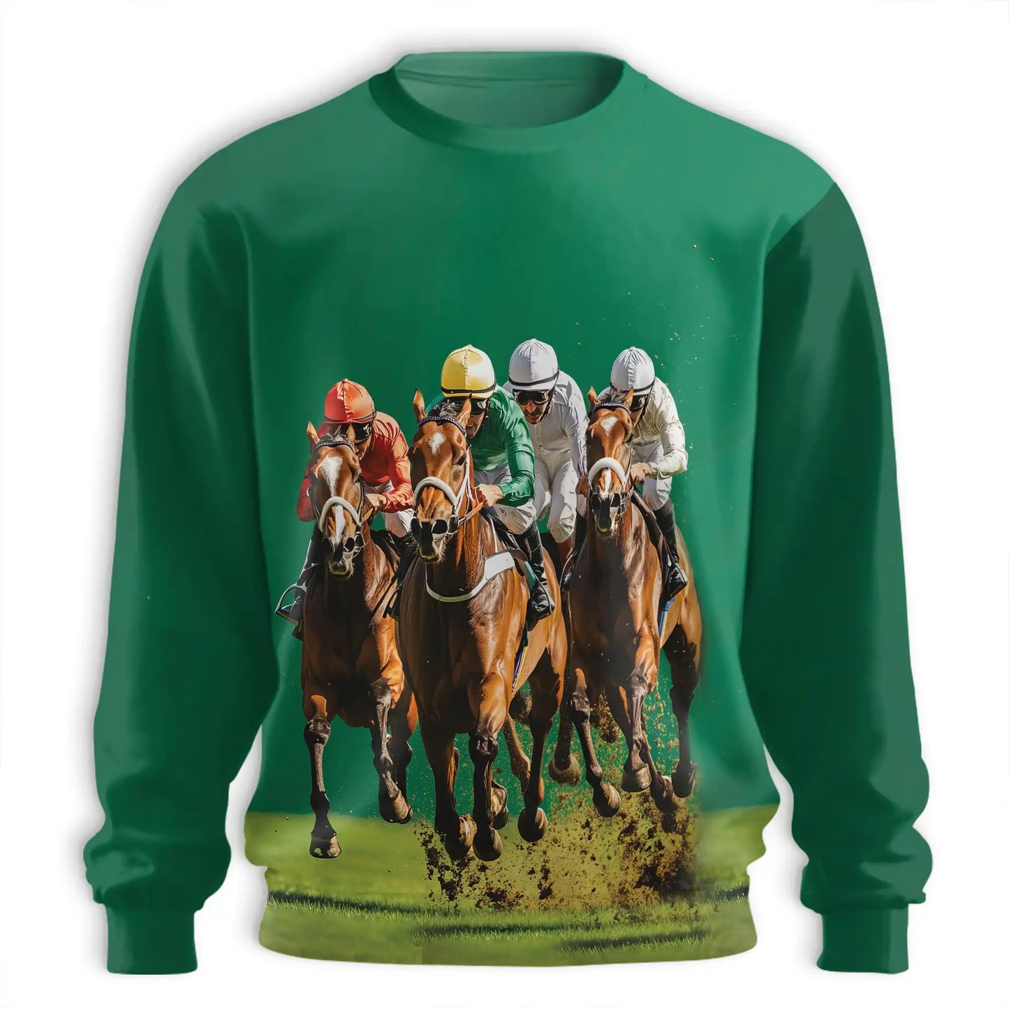 Green Horse Racing Sweatshirt, 3D All Over Print Equestrian Sports Crewneck Pullover for Men Women, Horse Racing Lover Gift - Netecom