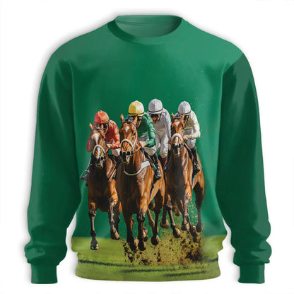 Green Horse Racing Sweatshirt, 3D All Over Print Equestrian Sports Crewneck Pullover for Men Women, Horse Racing Lover Gift - Netecom