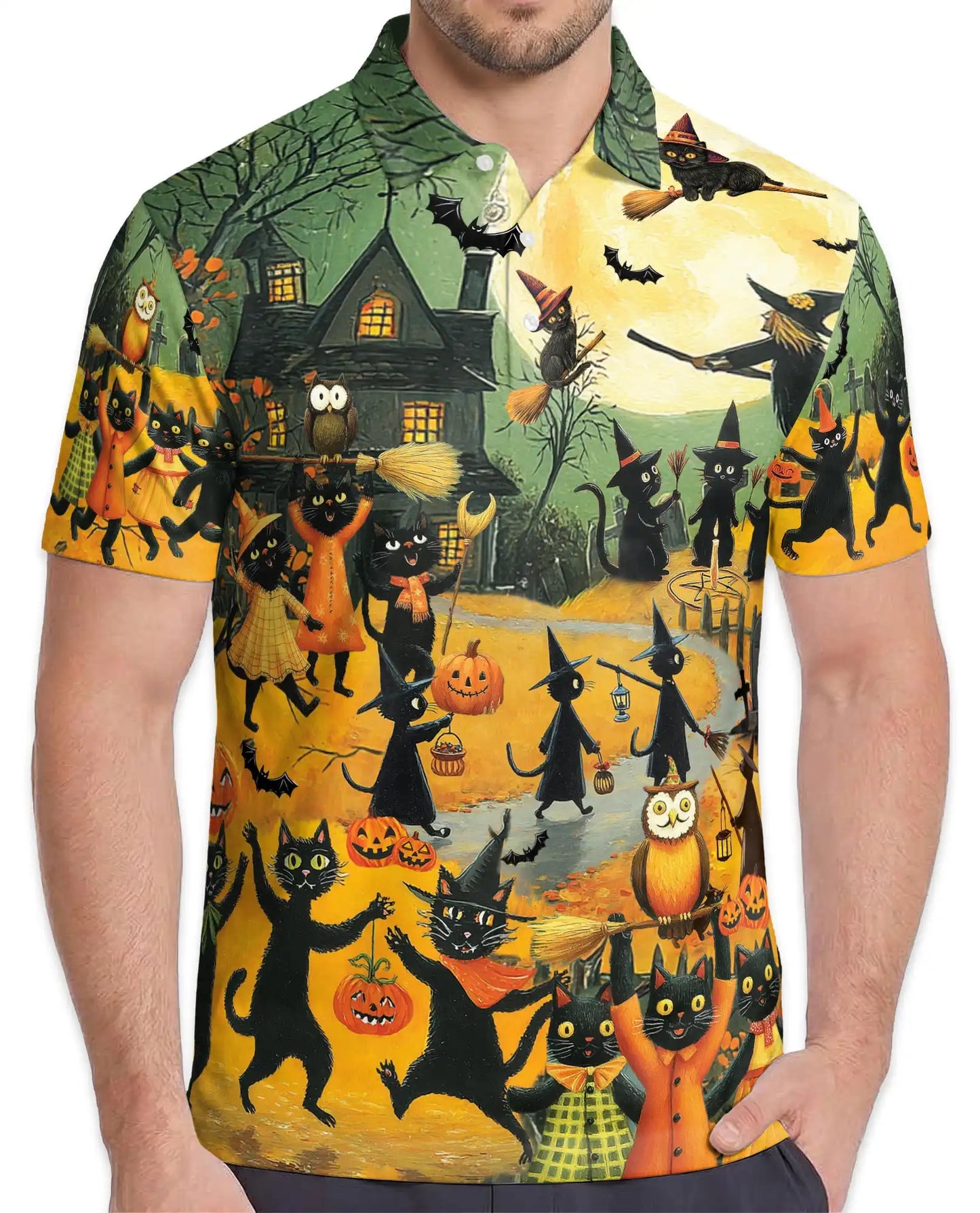 Halloween Cat Parade Polo Shirt for Men – Spooky Black Cats Print | Netecom