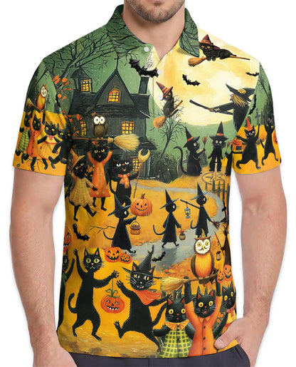 Halloween Cat Parade Polo Shirt for Men – Spooky Black Cats Print | Netecom