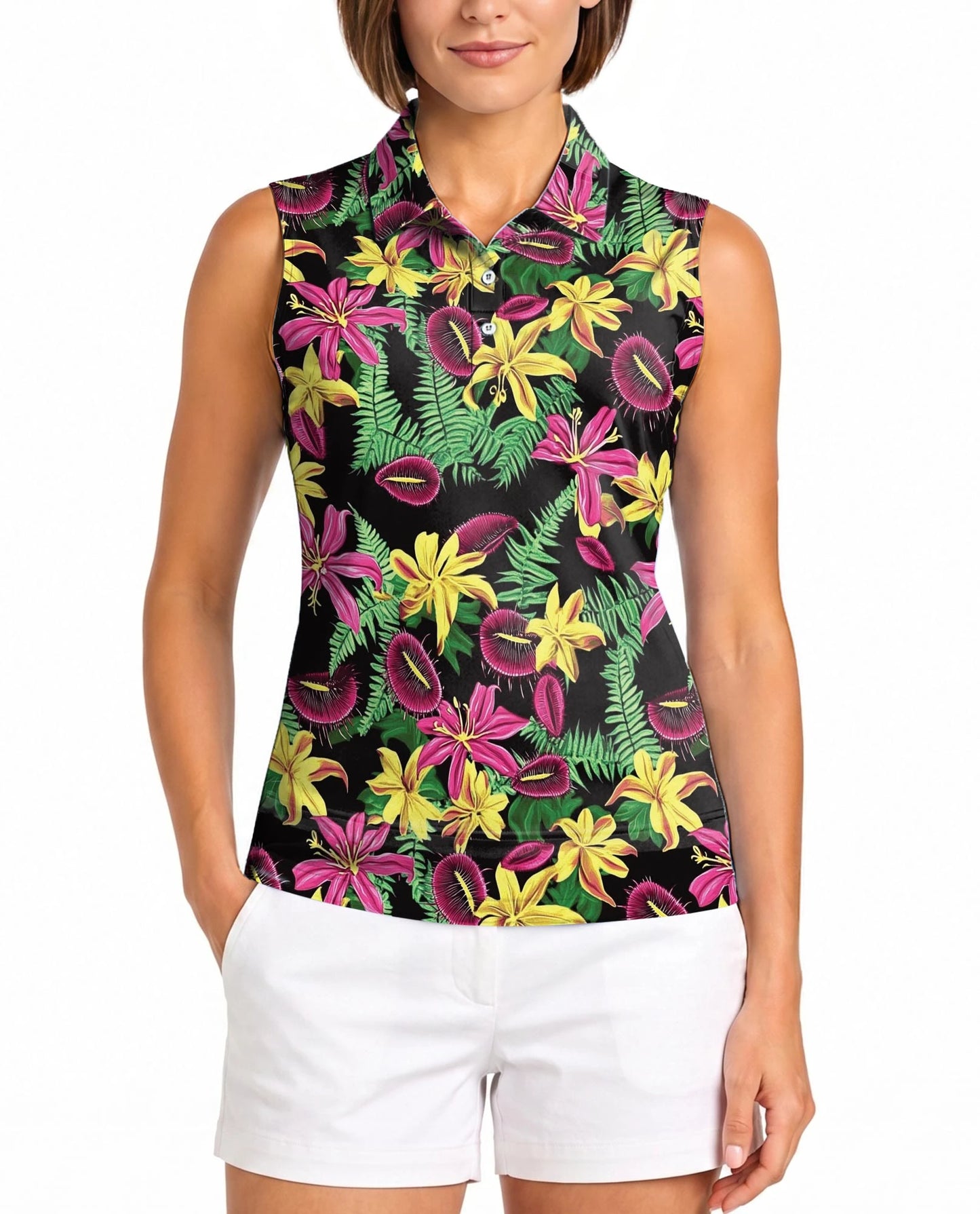 Venus Flytrap Pattern Sleeveless Polo Shirt for Women | Netecom