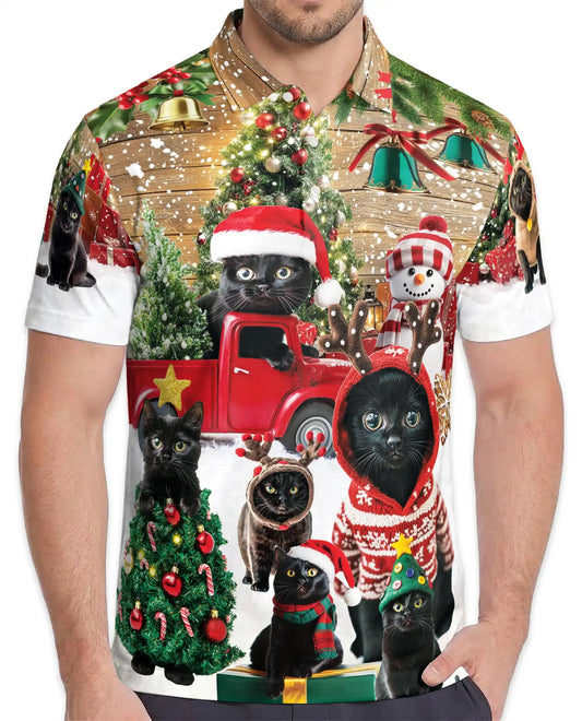 Black Cat Christmas Polo Shirt - Cozy Holiday Winter Style | Netecom