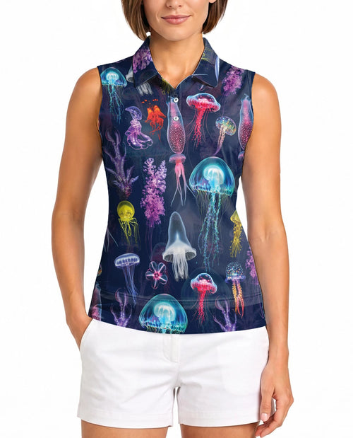 Luminescent Jellyfish Sleeveless Polo Shirt for Women – Ocean Glow Style | Netecom