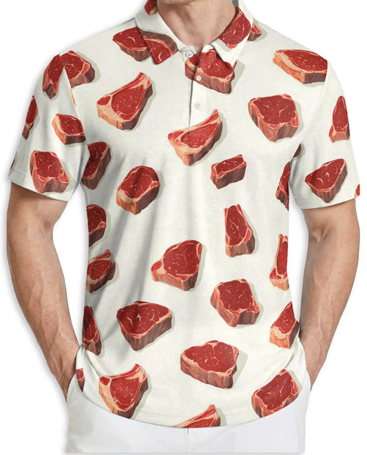 Steak BBQ Polo Shirt – Funny Meat Print | Netecom