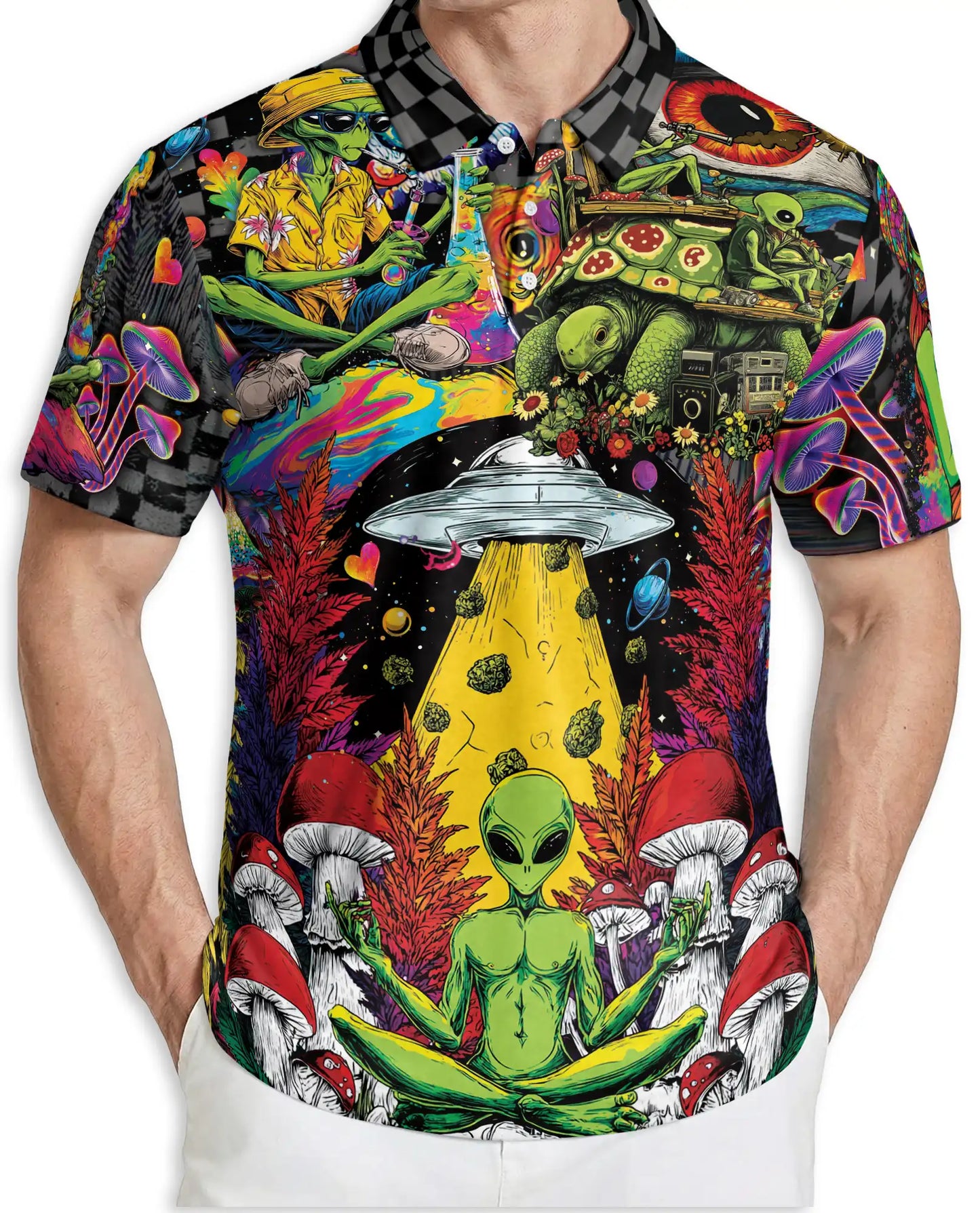 Psychedelic Alien Polo Shirt – Cosmic UFO Hippie Style | Netecom