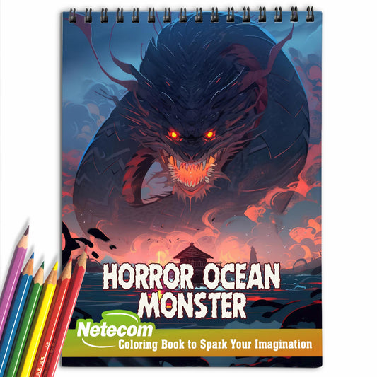 Horror Ocean Monster Spiral Bound Coloring Book, Dive into the Abyss with 30 Enchanting Coloring Pages, Exploring the Haunting World of Ocean Monsters