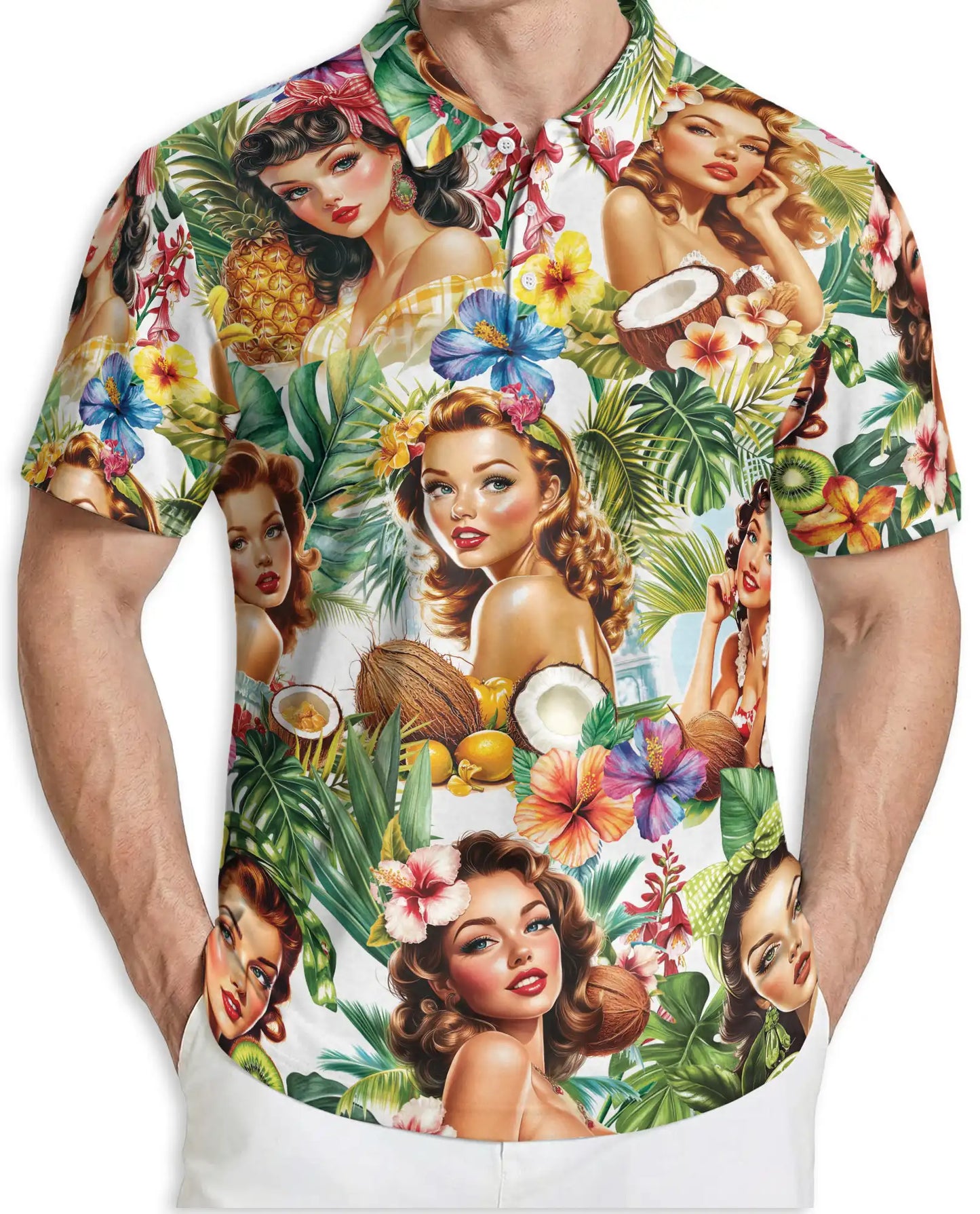 Tropical Pin Up Polo Shirt - Vintage Island Beauty Style | Netecom