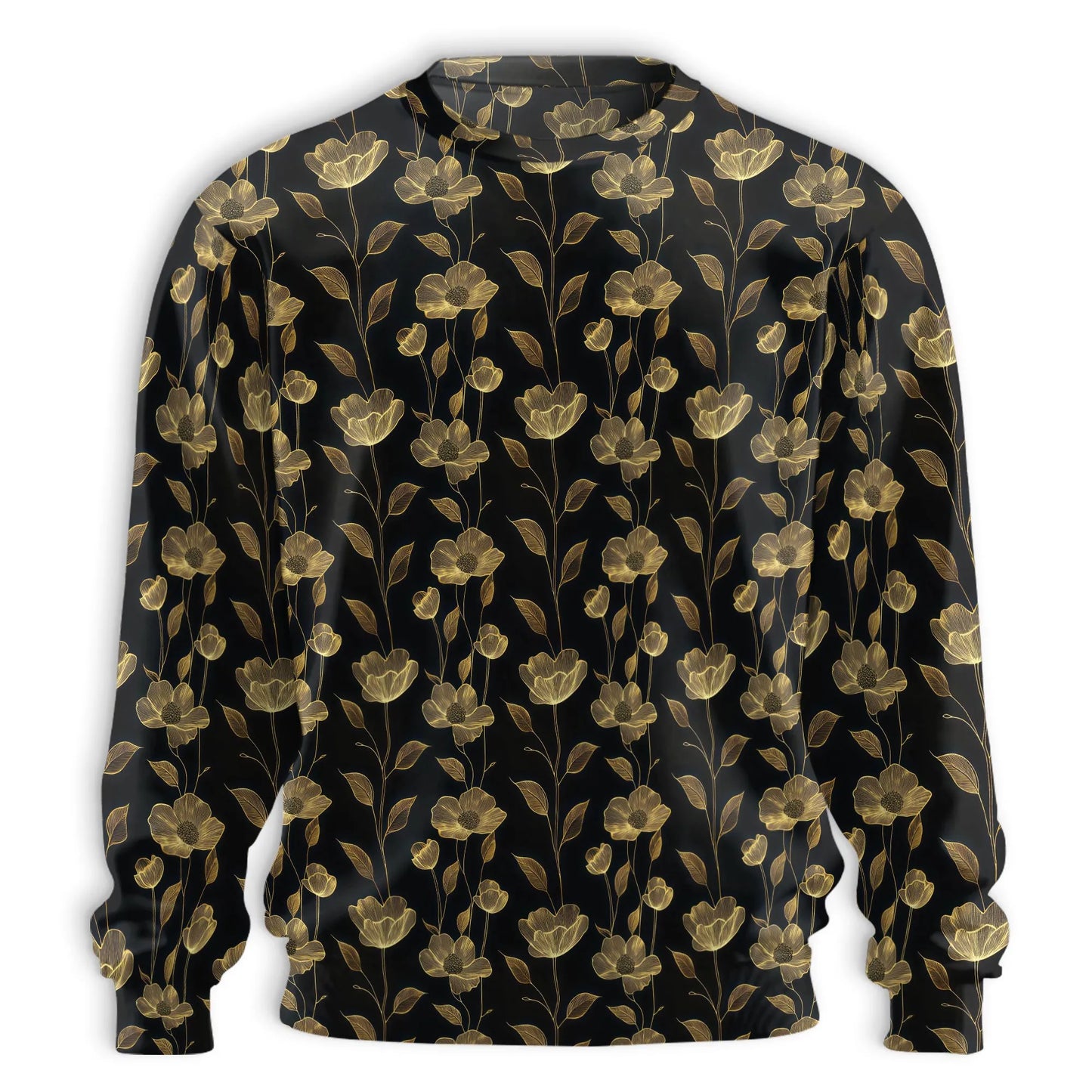 Gold Line Art Floral Pattern Sweatshirt, 3D All Over Print Elegant Botanical Crewneck Pullover for Men Women, Floral Lover Gift - Netecom
