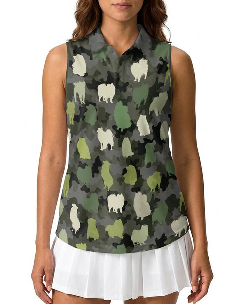 Pomeranian Camouflage Pattern Sleeveless Polo Shirt for Women | Netecom