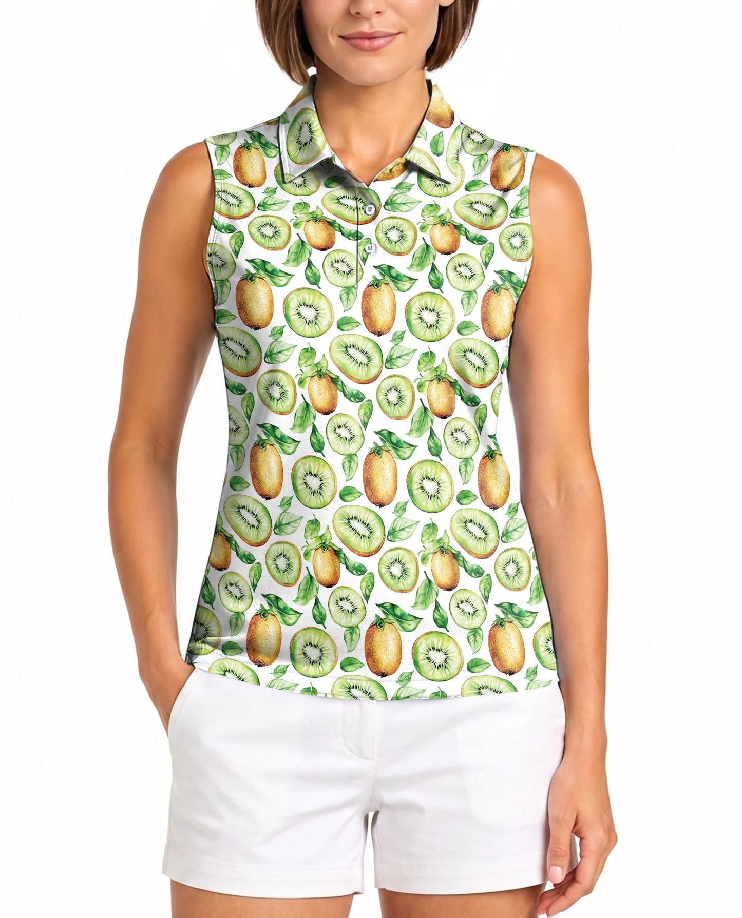 Kiwi Pattern Sleeveless Polo Shirt for Women | Netecom