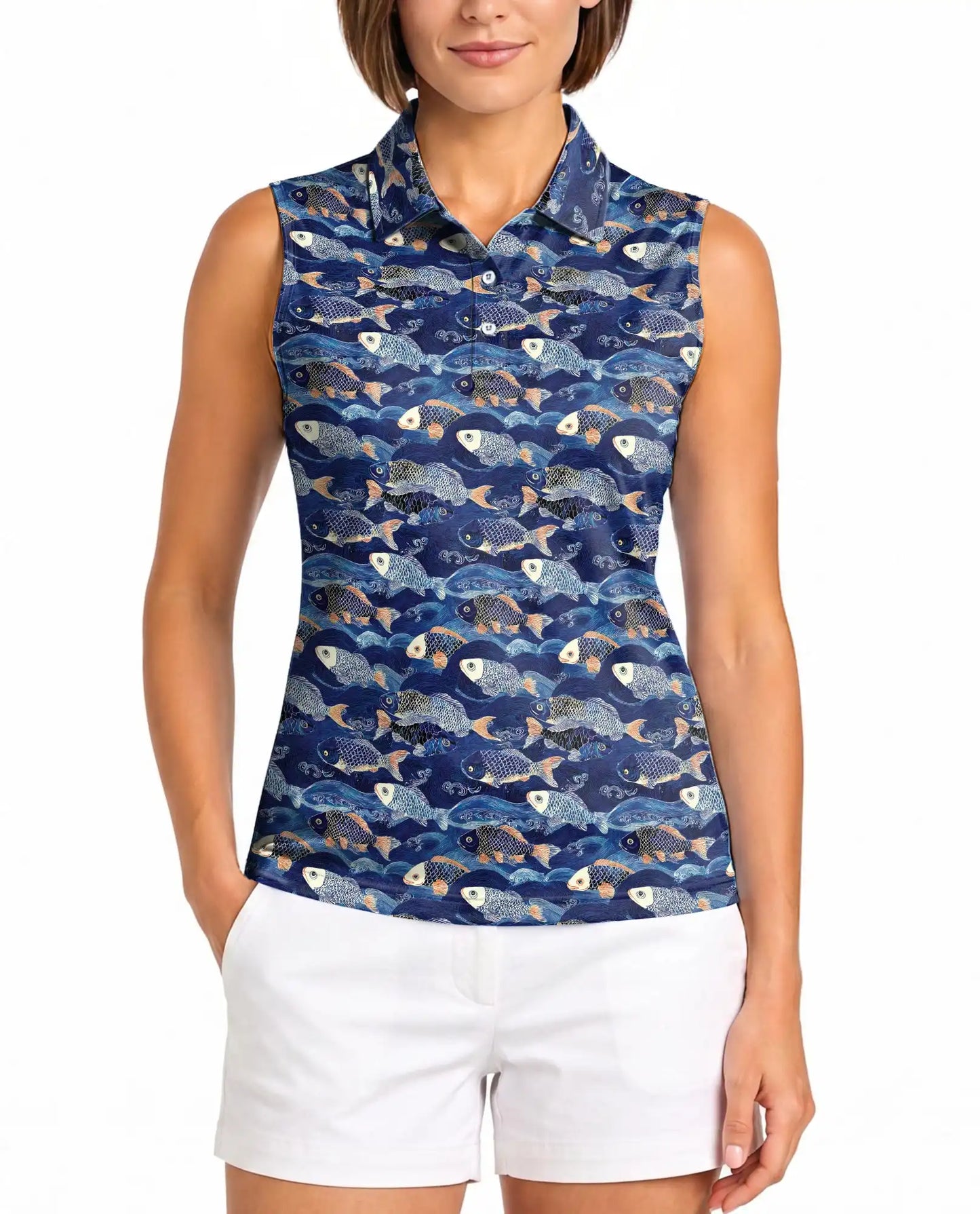 Japanese Koi Fish And Waves Sleeveless Polo Shirt for Women | Netecom