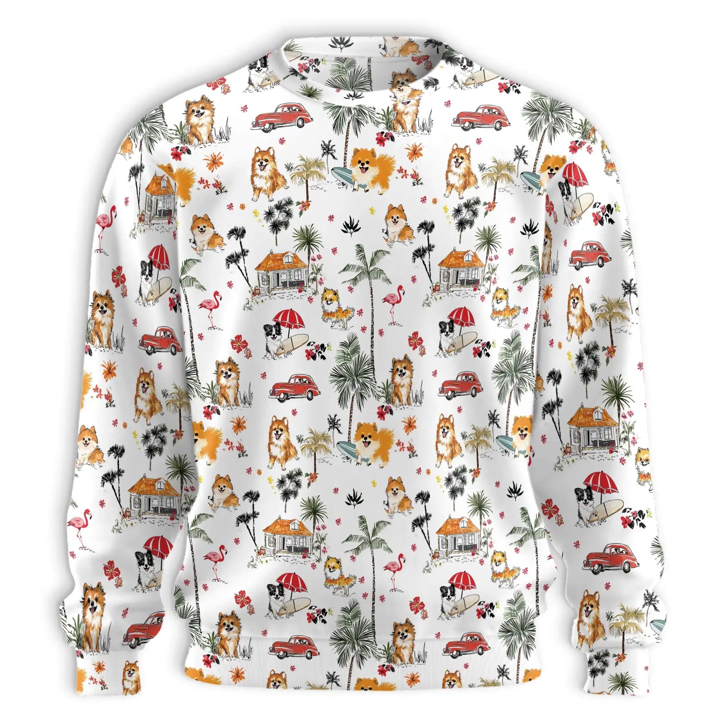 Pomeranian Beach Sweatshirt, 3D All Over Print Tropical Dog Crewneck Pullover for Men Women, Pomeranian Lover Gift - Netecom
