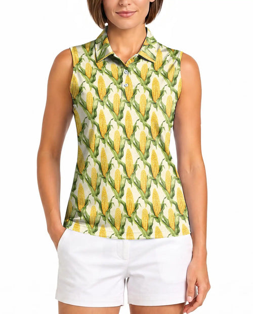 Sweet Corn Pattern Sleeveless Polo Shirt for Women – Cute Food Lover Style | Netecom