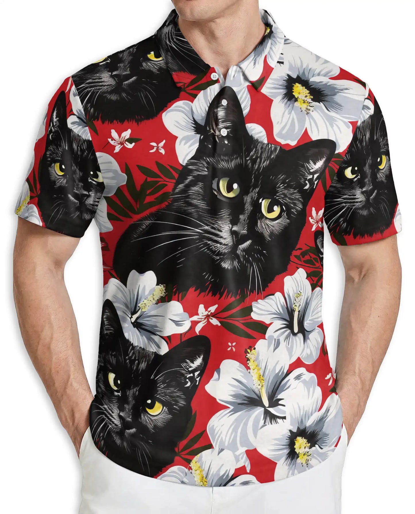 Black Cat Hawaiian Polo Shirt for Men | Netecom