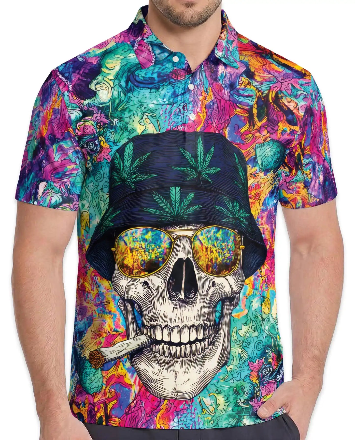 Skull Colorful Trippy Polo Shirt for Men – Vibrant Art Print | Netecom