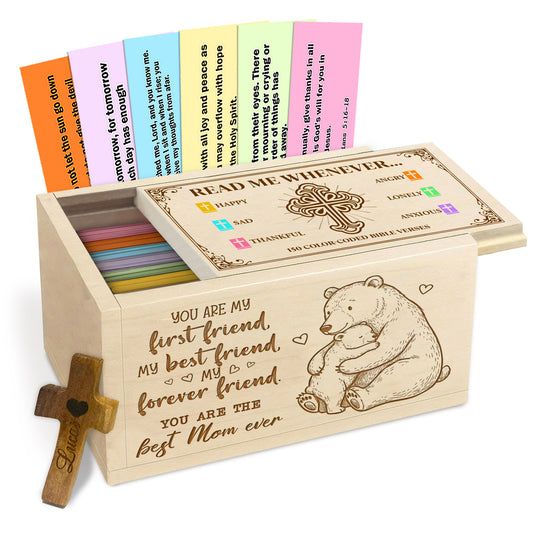 Netecom Bible Verse Box for Mom with 150 Color-Coded Scriptures & Custom Name Wooden Cross – Christian Faith Keepsake Gift for Prayer, Reflection & Daily Encouragement