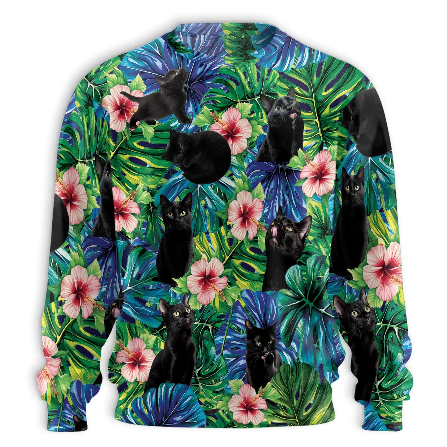 Black Cat Monstera Tropical Sweatshirt, 3D All Over Print Plant Cat Crewneck Pullover for Men Women, Black Cat Lover Gift - Netecom