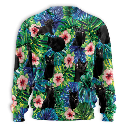 Black Cat Monstera Tropical Sweatshirt, 3D All Over Print Plant Cat Crewneck Pullover for Men Women, Black Cat Lover Gift - Netecom