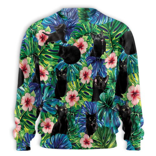 Black Cat Monstera Tropical Sweatshirt, 3D All Over Print Plant Cat Crewneck Pullover for Men Women, Black Cat Lover Gift - Netecom