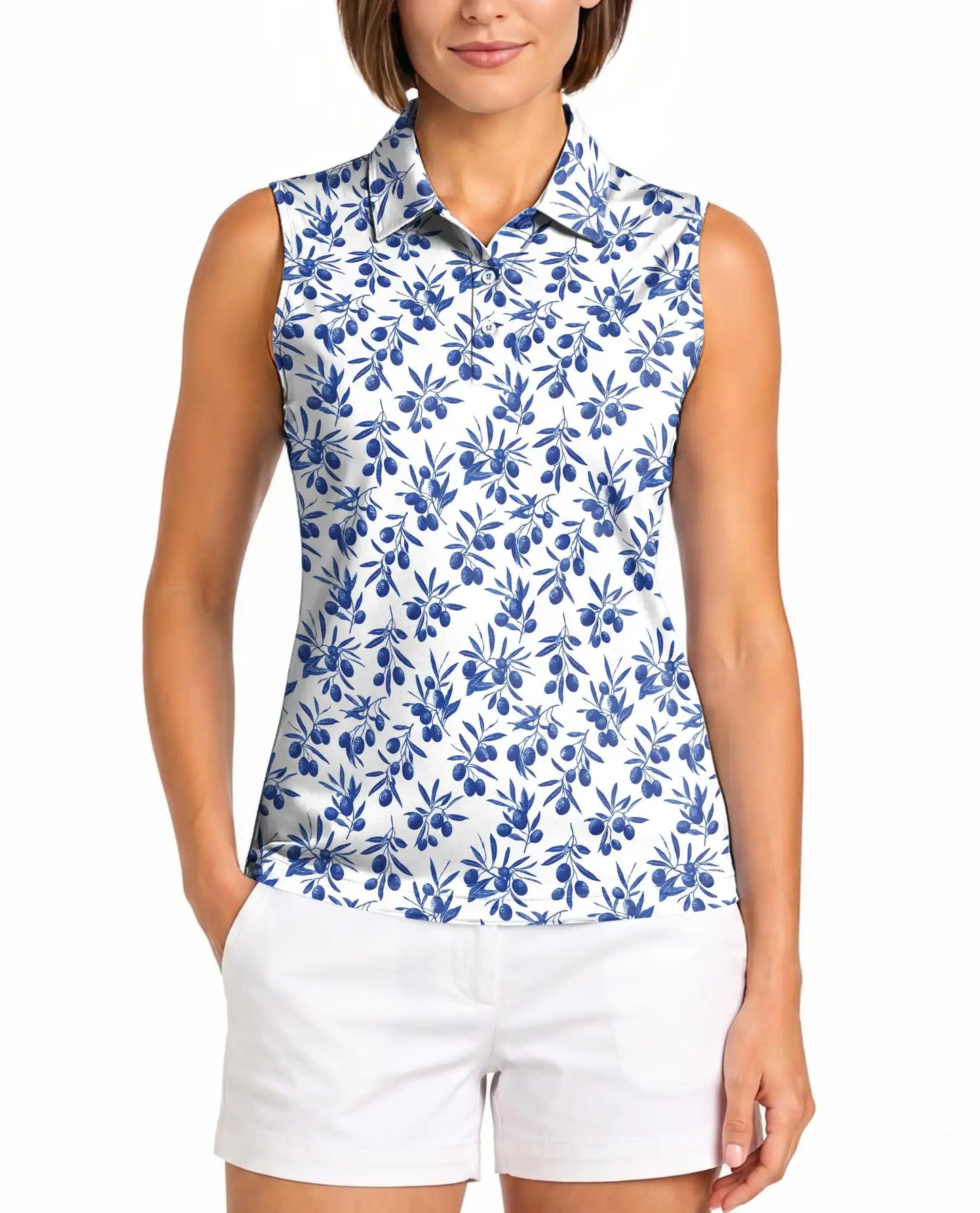Blue Olive Branch Print Sleeveless Polo Shirt for Women | Netecom