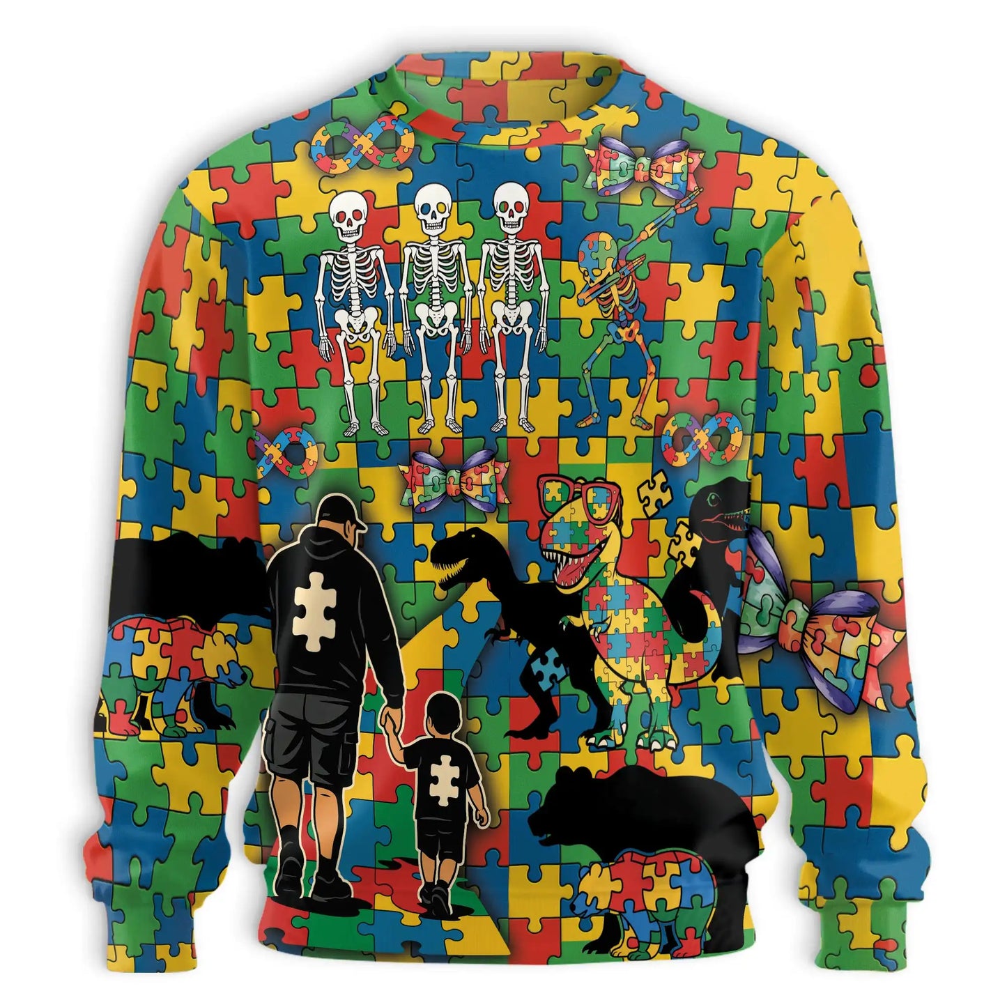 Dad and Son Dinosaur Skeleton Puzzle Pieces Sweatshirt, 3D All Over Print Father Son Crewneck Pullover for Men Women, Family Gift - Netecom