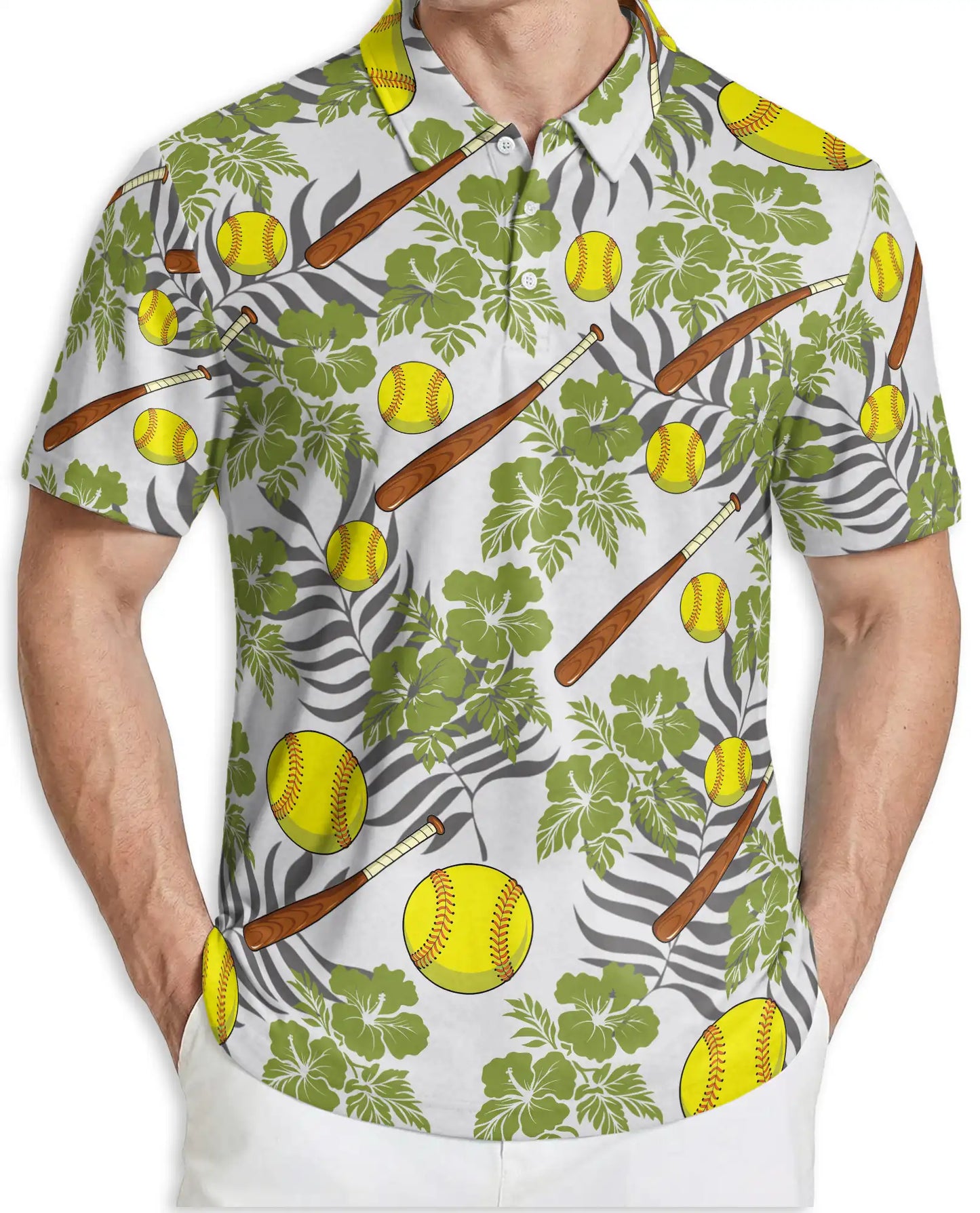 Softball Tropical 3D Polo Shirt for Men – Bat and Ball Summer Style | Netecom