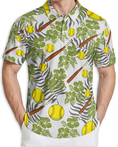 Softball Tropical 3D Polo Shirt for Men – Bat and Ball Summer Style | Netecom