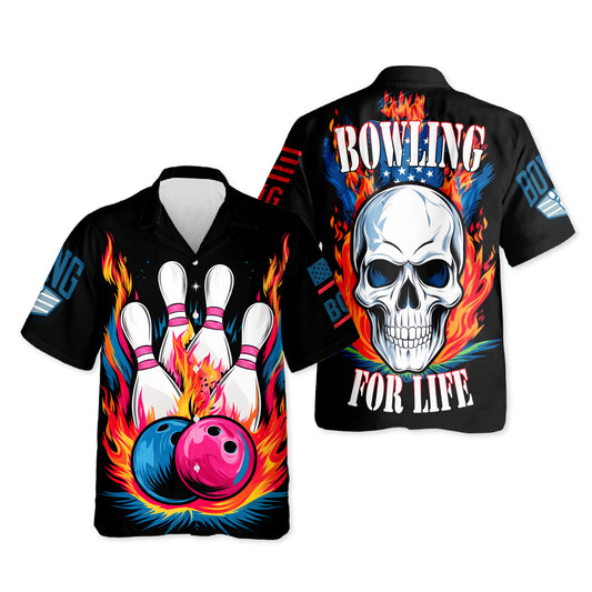Netecom Bowling American Flag Hawaiian Shirt for Men, Patriotic Bowling Button Down Summer Beach Short Sleeve