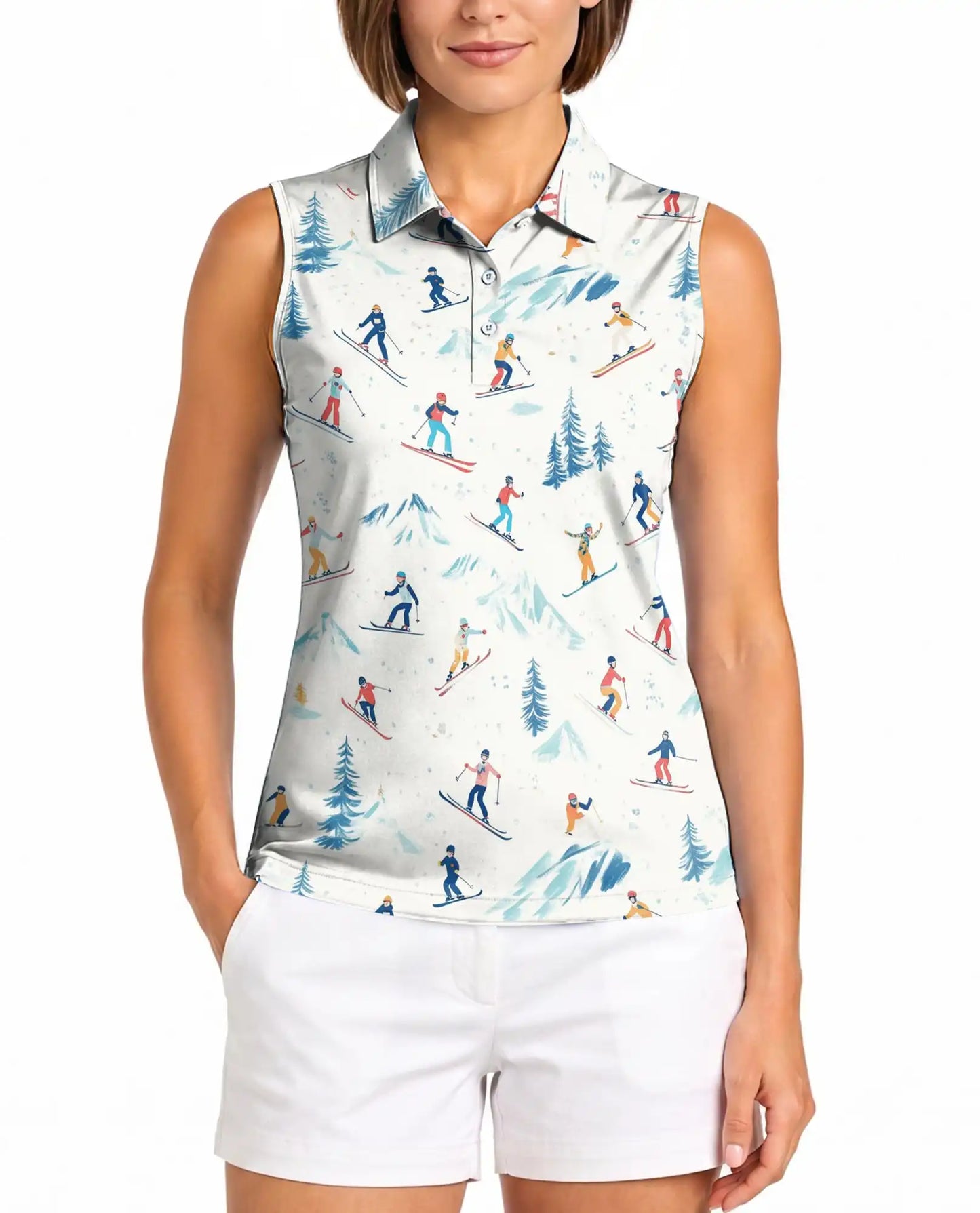 Ski Print Sleeveless Polo Shirt for Women – Winter Sports Adventure Style | Netecom