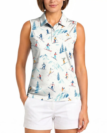 Ski Print Sleeveless Polo Shirt for Women – Winter Sports Adventure Style | Netecom