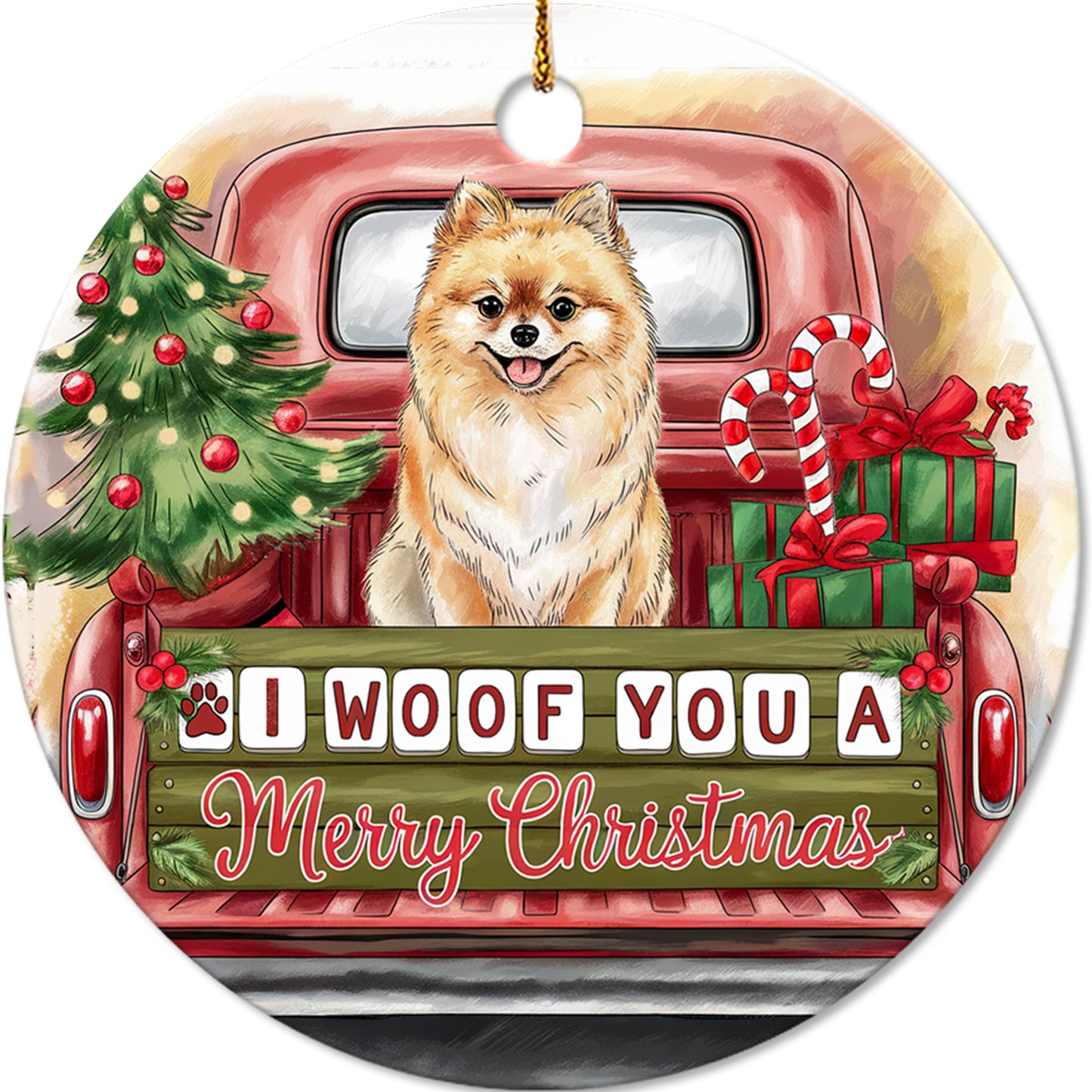 Netecom Cute Pomeranian Dog in Red Truck Ornament, I Woof You a Merry Christmas Ceramic Ornament for Christmas Tree Hanging Decorations Gift, Dog Lover Gifts, Holiday Party Present