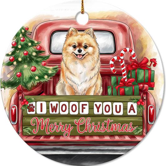 Netecom Cute Pomeranian Dog in Red Truck Ornament, I Woof You a Merry Christmas Ceramic Ornament for Christmas Tree Hanging Decorations Gift, Dog Lover Gifts, Holiday Party Present