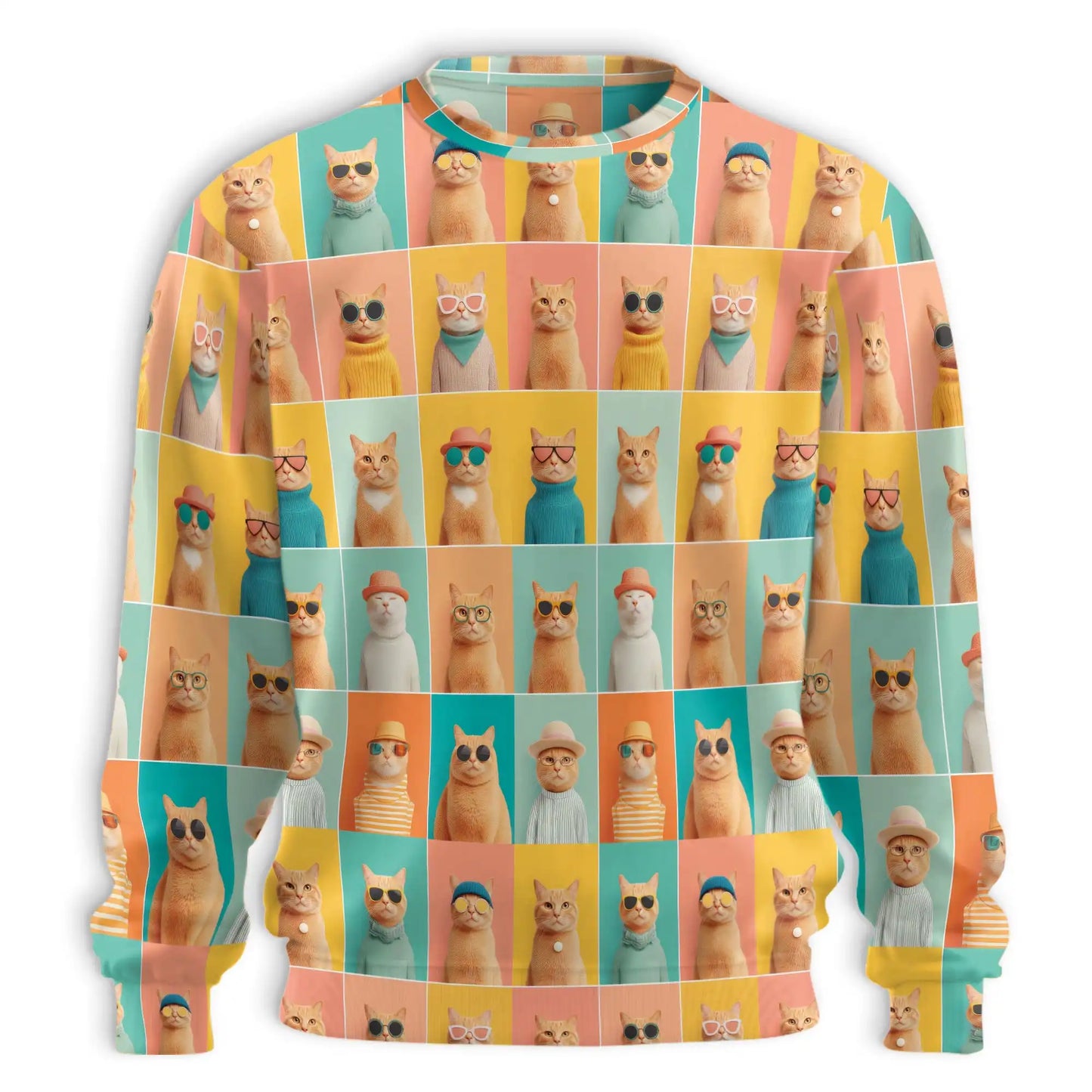 Colorful Cat Pattern Sweatshirt, 3D All Over Print Cute Feline Crewneck Pullover for Men Women, Cat Lover Gift - Netecom