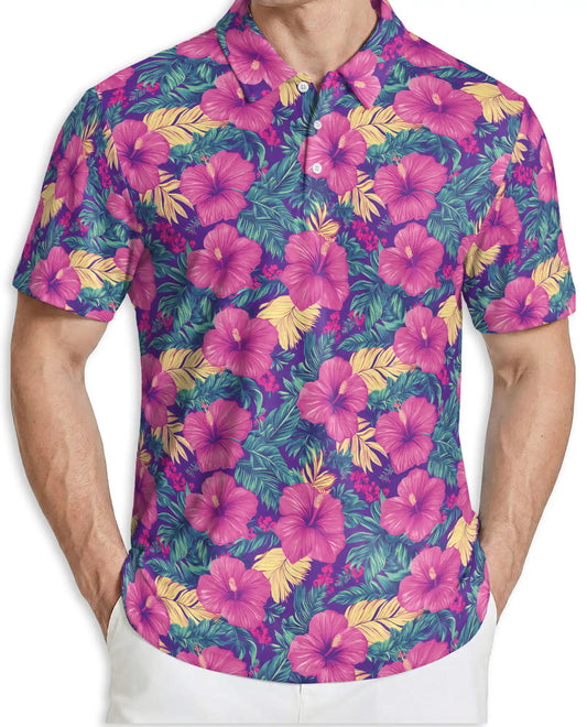 Hibiscus Floral 3D Polo Shirt for Men – Tropical Summer Flower Style | Netecom