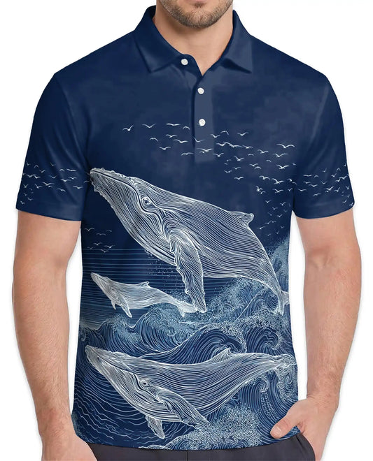 Whale Polo Shirt - Ocean Wave Marine Life Coastal Design | Netecom