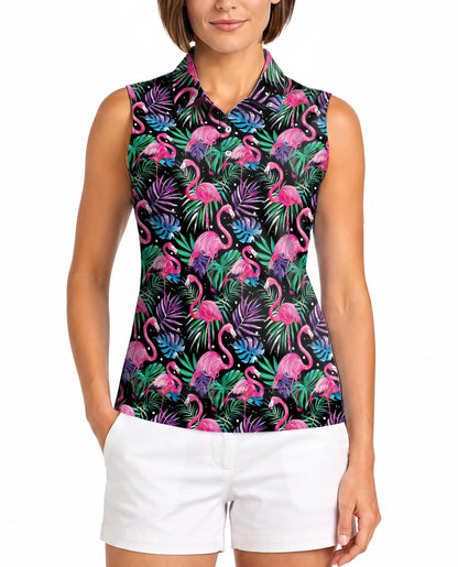 Flamingo Leaf Summer Sleeveless Polo Shirt for Women – Tropical Beach Style | Netecom