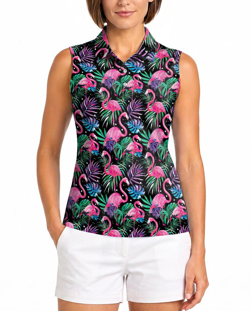 Flamingo Leaf Summer Sleeveless Polo Shirt for Women – Tropical Beach Style | Netecom